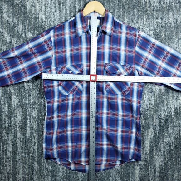 Vintage Sears Fieldmaster Shirt Mens Medium Blue Plaid Flannel Perma Prest 80s - Picture 8 of 14